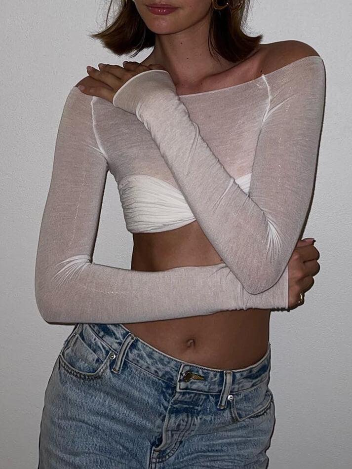 Ruched Off Shoulder Long Sleeve Crop Top - Image 44