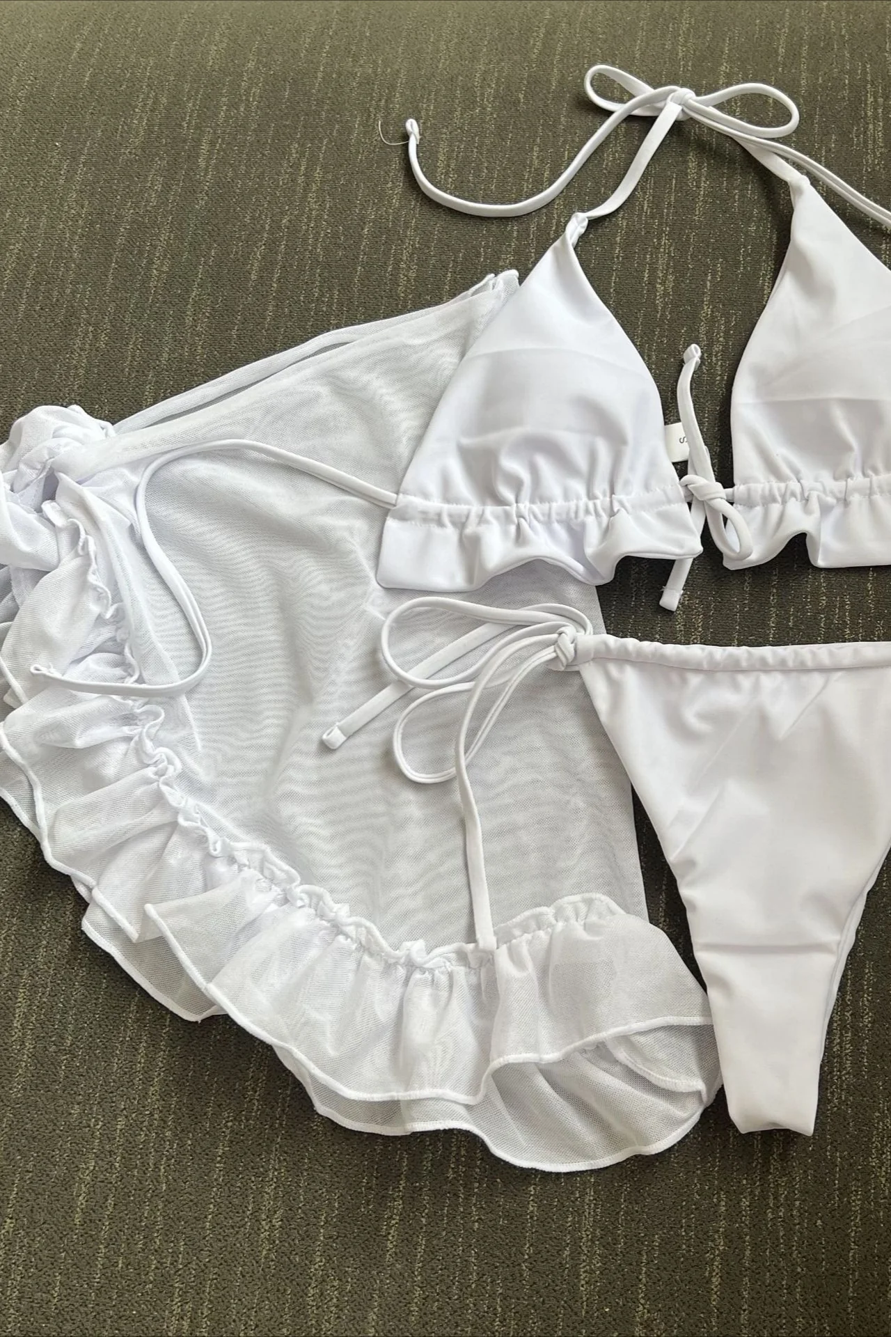 Ruffle Halter Tie Mesh Ruched Three Piece Swim Set - Image 6