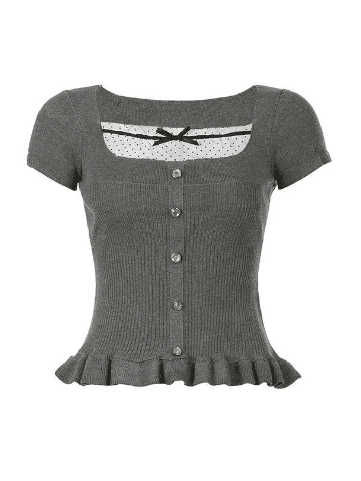 Ruffle Patchwork Buttoned Knit Top - Image 3