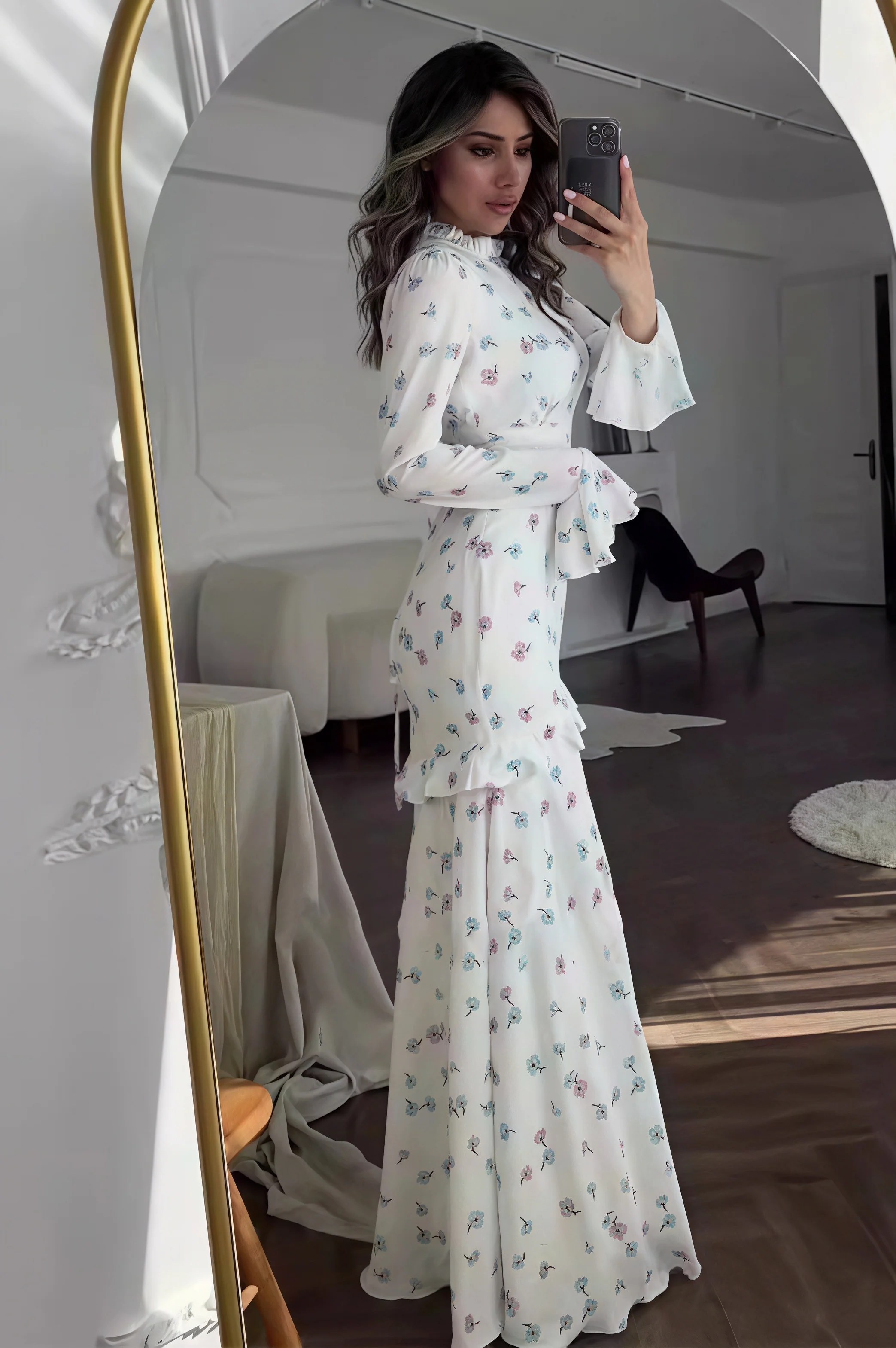 Ruffle Trim Slim Maxi Floral Dress - Image 2