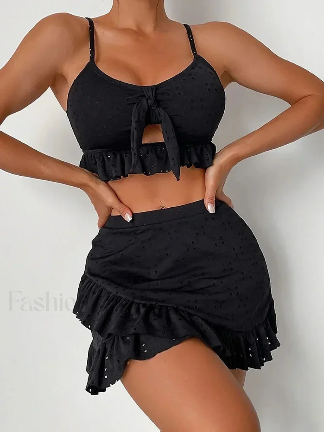 Ruffled Hollow Bow Asymmetrical Three Piece Set - Image 2