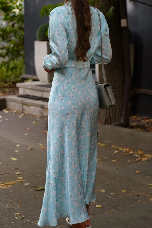 Satin Floral Collar Long Sleeve Floral Dress - Image 2