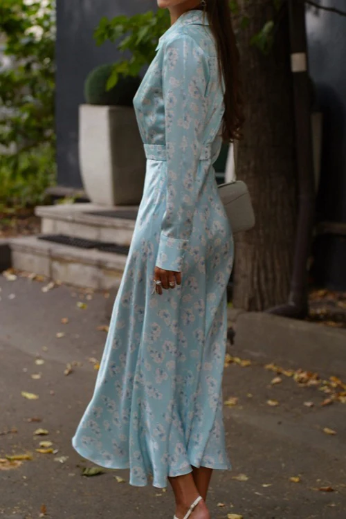 Satin Floral Collar Long Sleeve Floral Dress - Image 5