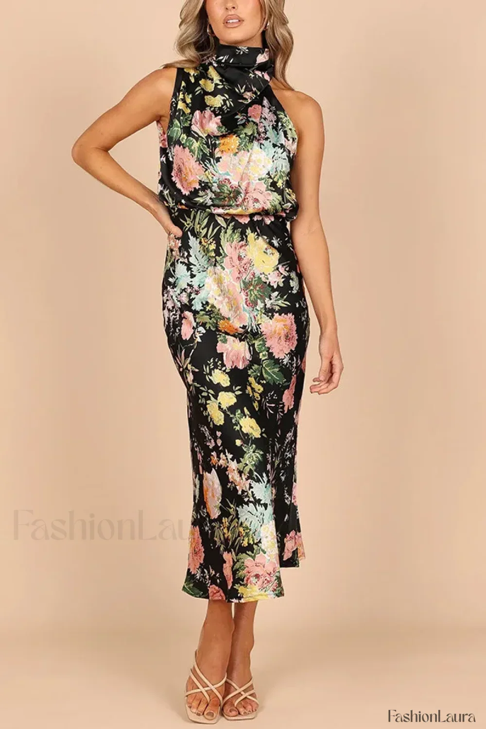 Satin Halter A-Line Floral Dress - Image 16