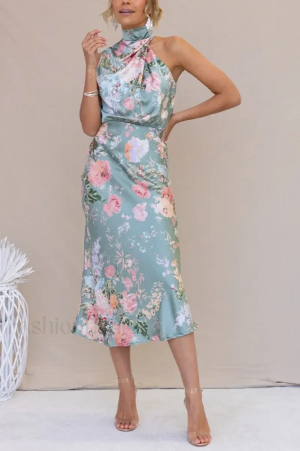 Satin Halter A-Line Floral Dress - Image 2