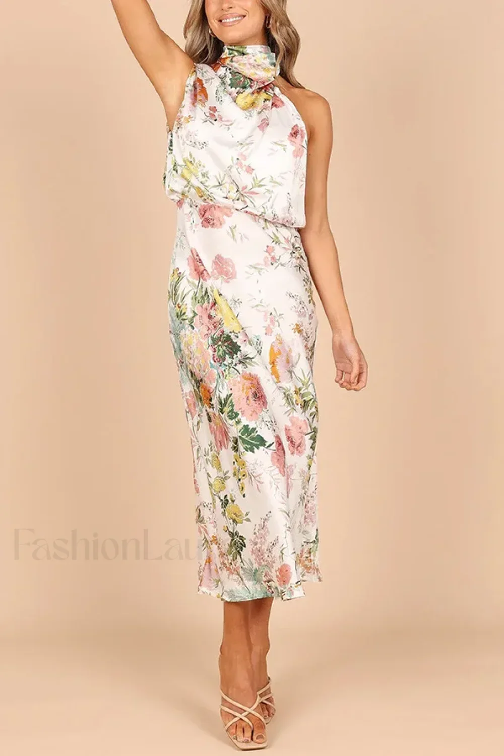 Satin Halter A-Line Floral Dress - Image 6
