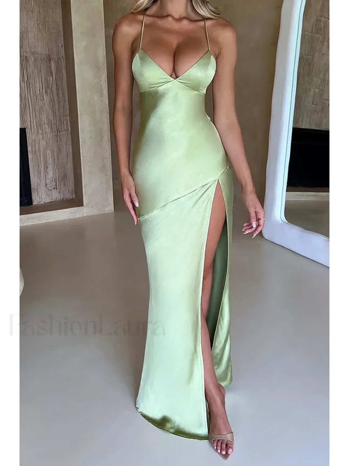 Satin Split Lace-Up Maxi Dress - Image 7