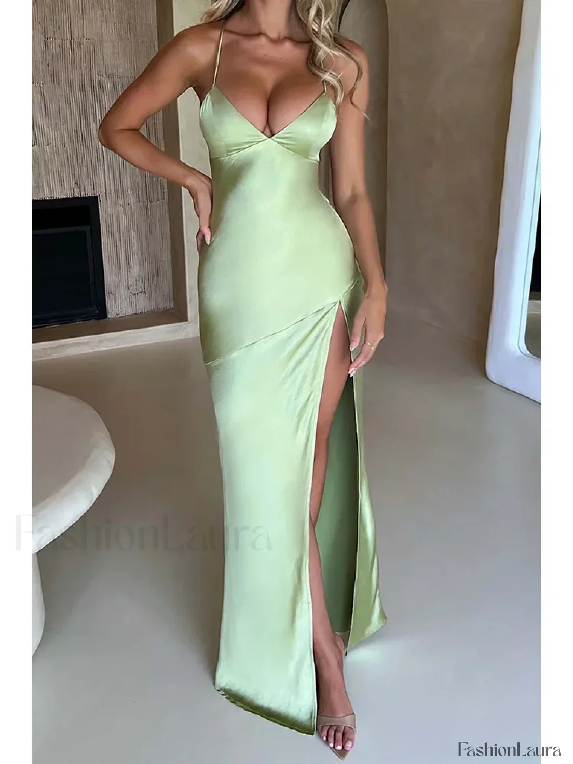 Satin Split Lace-Up Maxi Dress - Image 9