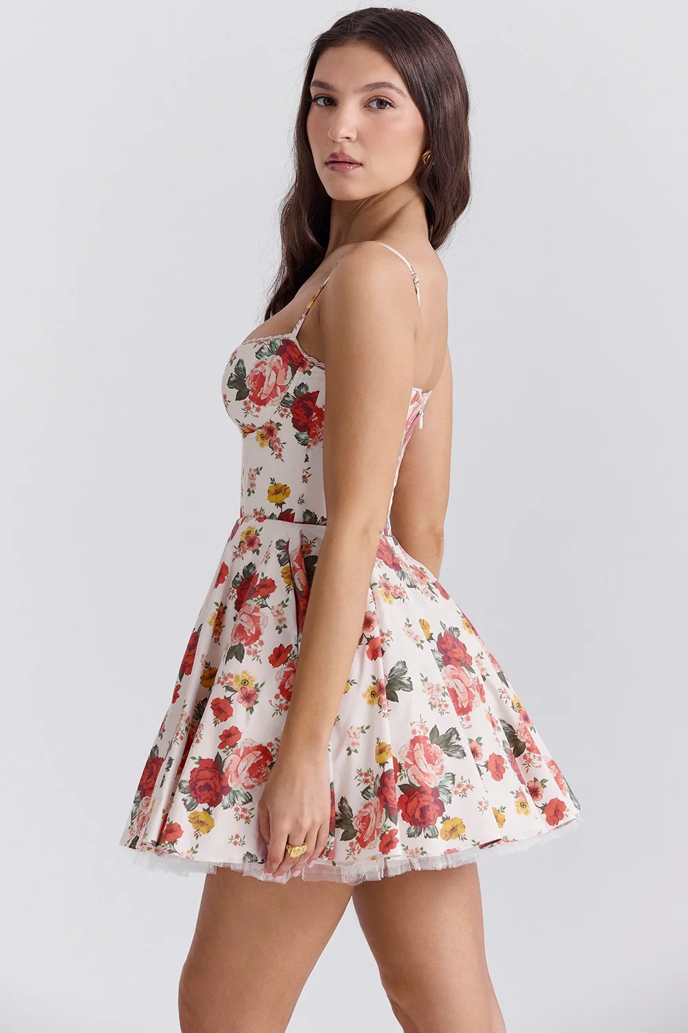 Satin Strap Tulle Puff Lace Trim Mini Floral Dress - Image 2