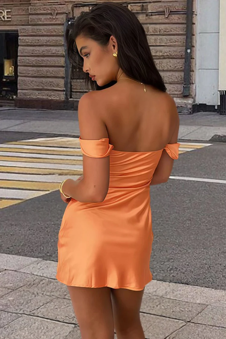 Satin Strapless Off Shoulder Ruffled Slim Fit Elegant Mini Dress - Image 14