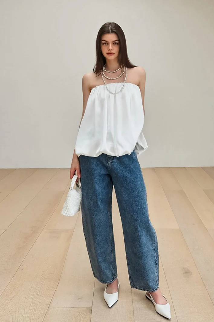 Satin Strapless Puffy Loose Fit Tube Top - Image 3