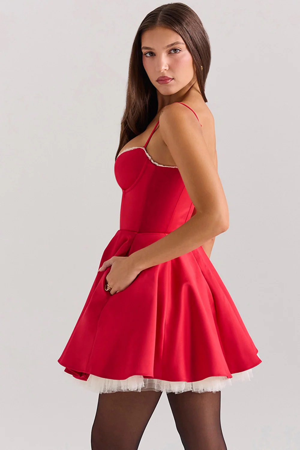 Satin Sweetheart Lace Trim Tulle Mini Dress - Image 28