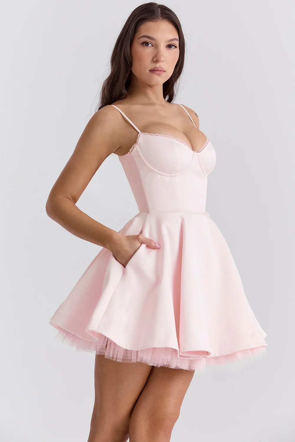 Satin Sweetheart Lace Trim Tulle Mini Dress - Image 5