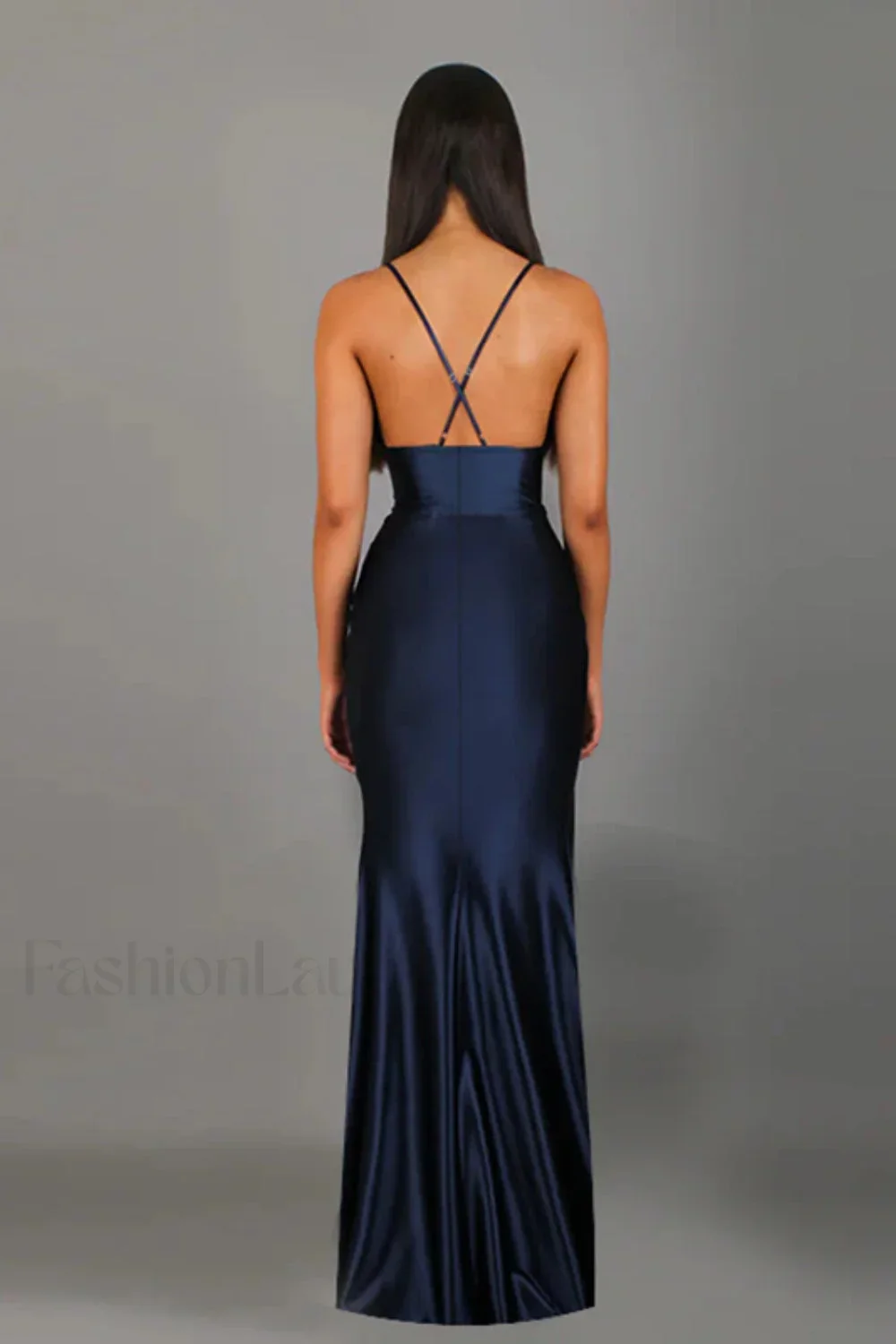 Satin V-Neck Waist Split Halter Suspender Maxi Dress - Image 4