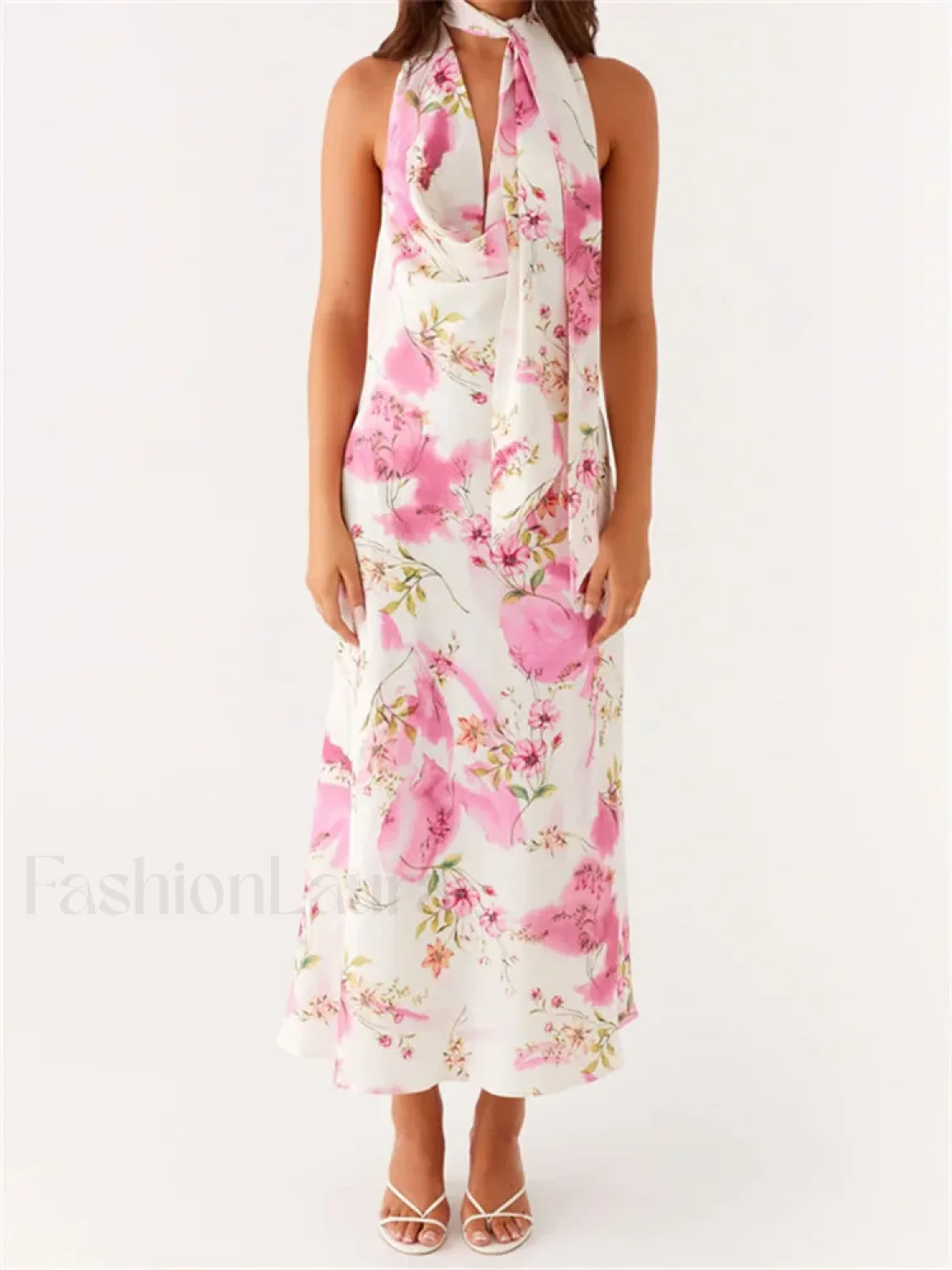 Scarf Halter Floral Maxi Dress