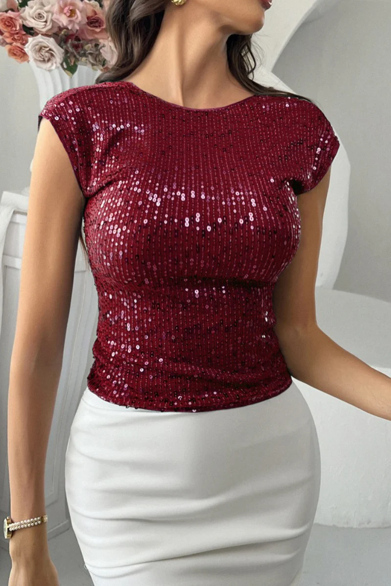 Sequin Backless Short Sleeve Tank Top - Image 11