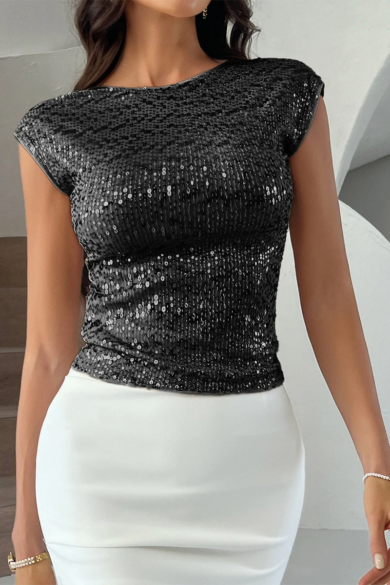 Sequin Backless Short Sleeve Tank Top - Image 17