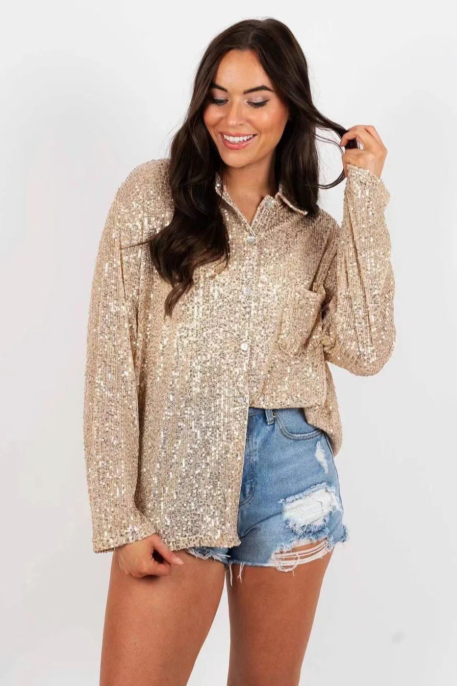 Sequin Collar Long Sleeve Blouse - Image 4