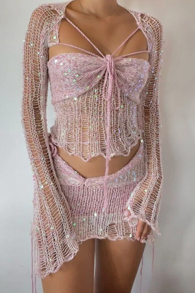 Sequin Knit Cutout Sweater Three Piece Skirt Set - Image 11