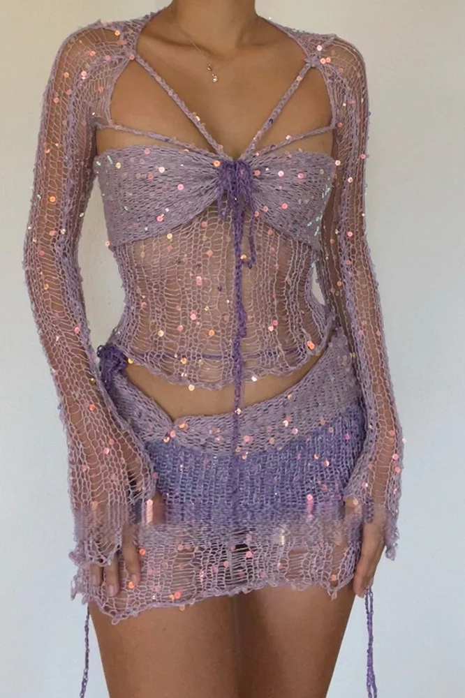 Sequin Knit Cutout Sweater Three Piece Skirt Set - Image 2