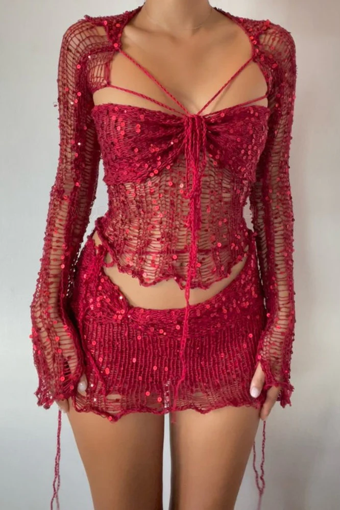 Sequin Knit Cutout Sweater Three Piece Skirt Set - Image 4