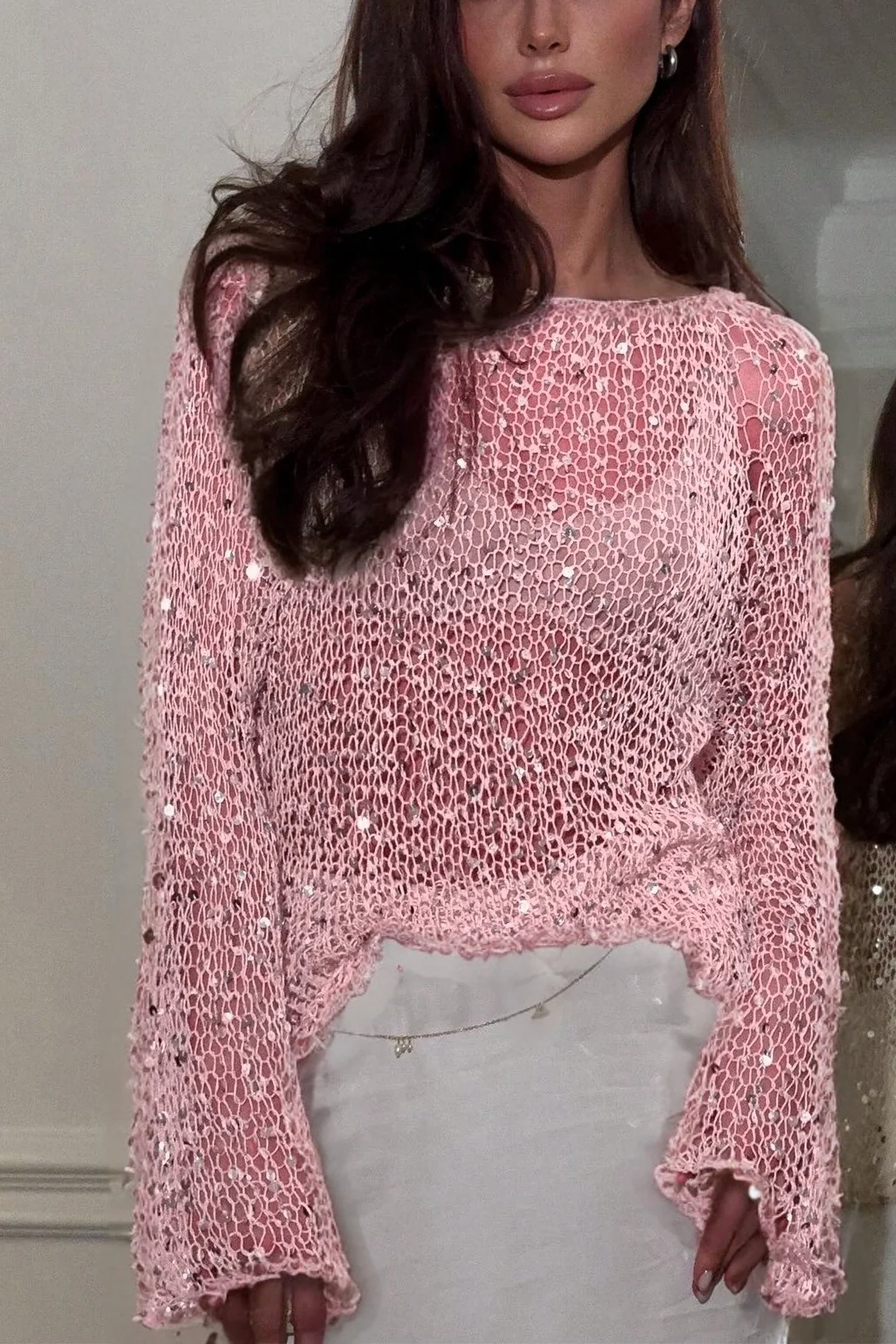 Sequin Trim Long Sleeve Knit Mesh Top - Image 6