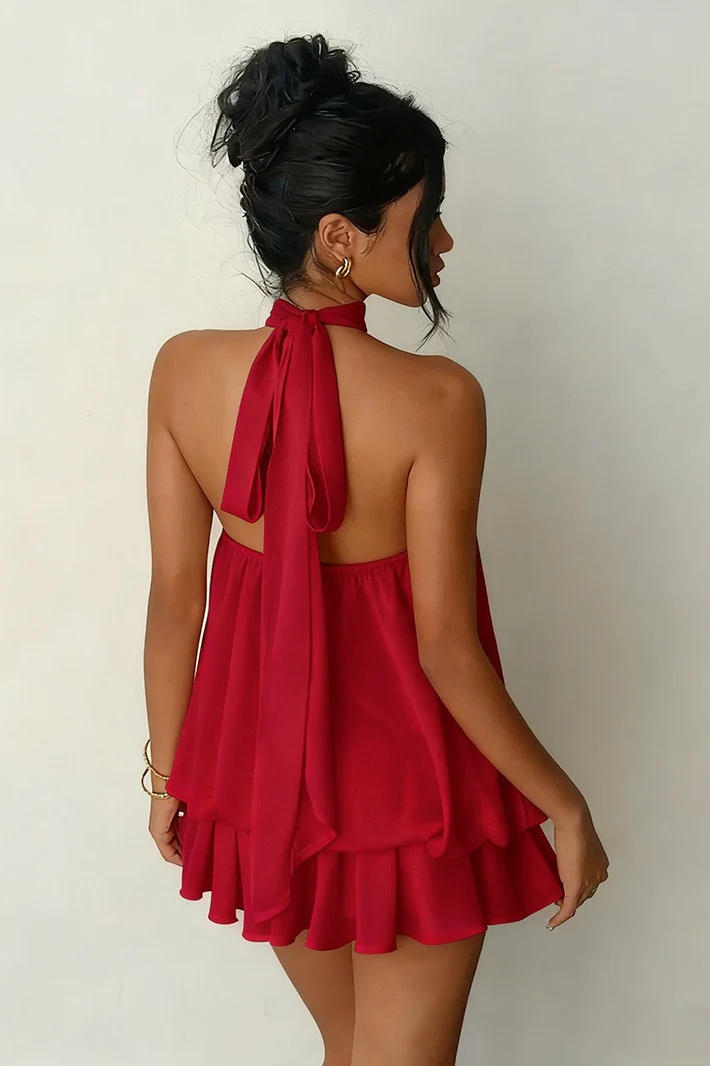 Sexy Backless Halter Tie Waist Slim Fit Ruffled Mini Dress - Image 13