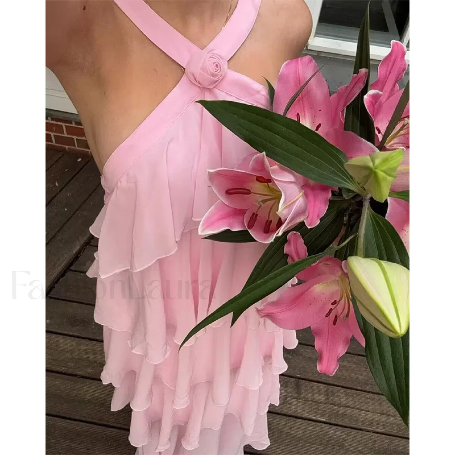 Sexy Backless Layered Ruffles Floral Dress - Image 4