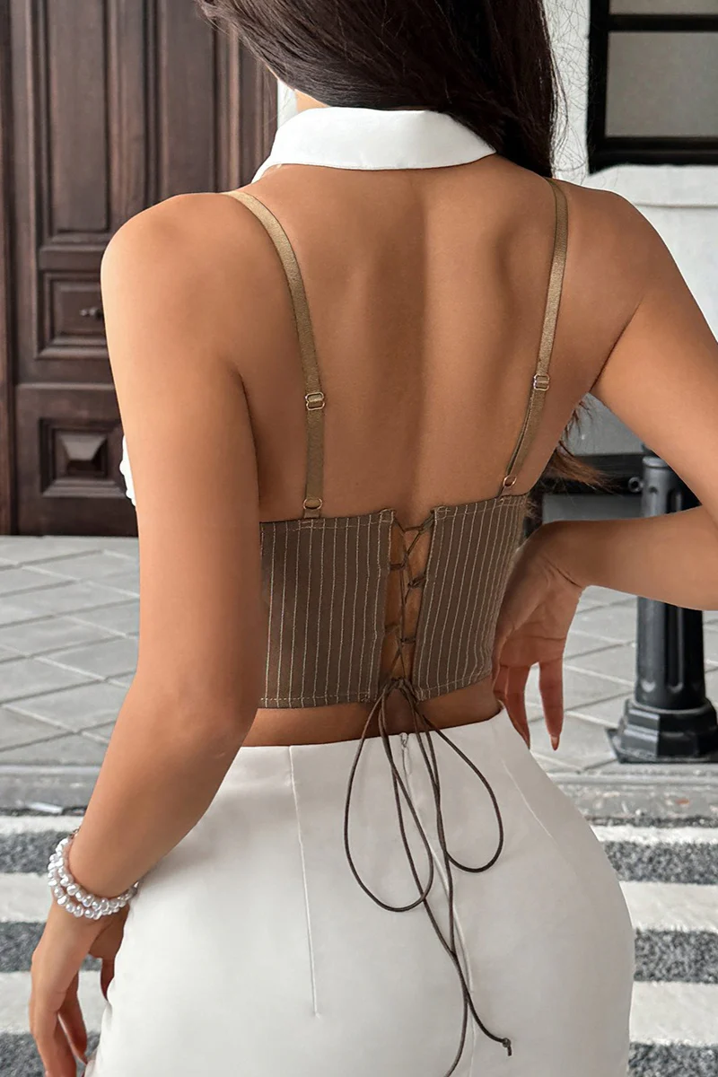 Sexy Contrast Corset Crop Top with Tie - Image 8