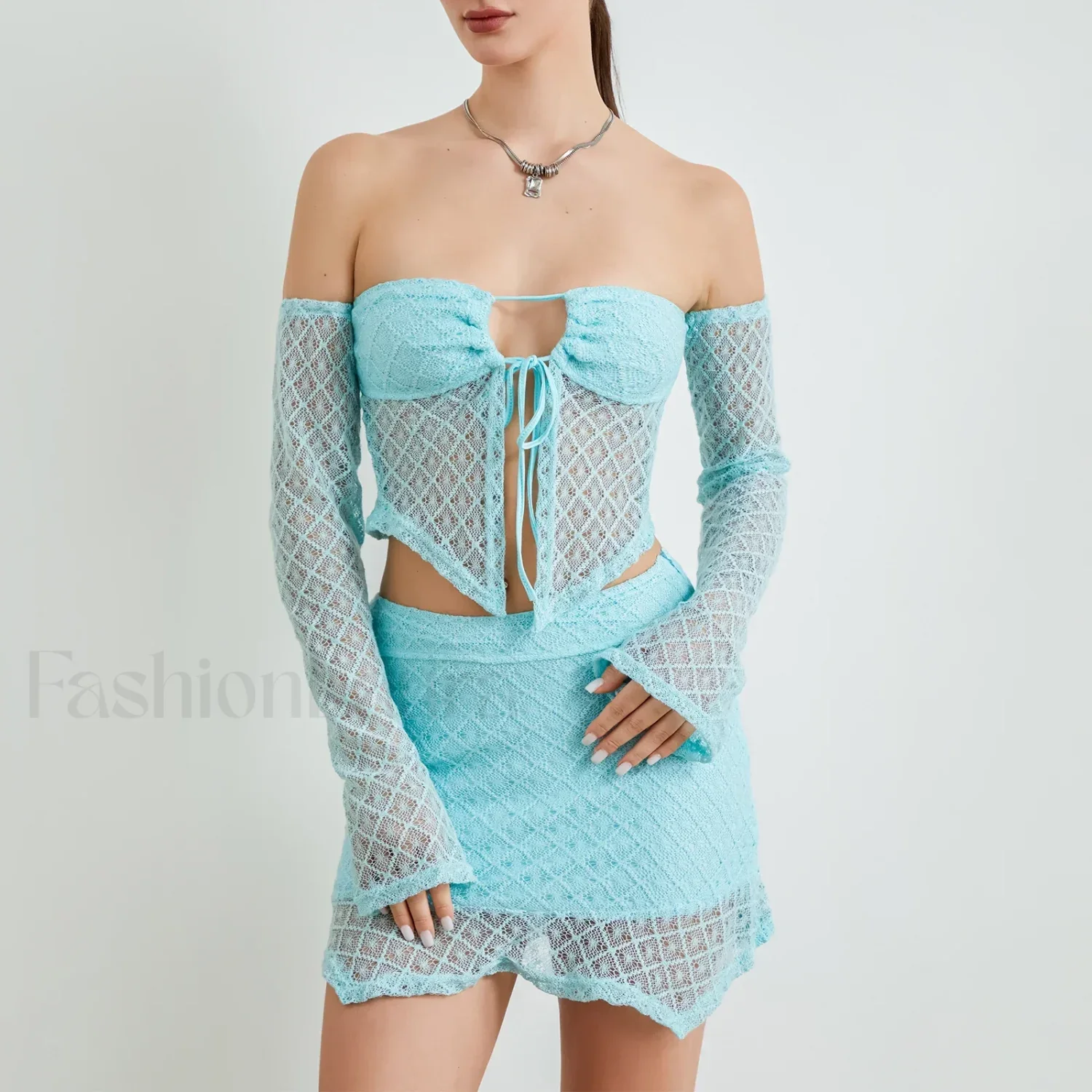 Sexy Crochet Knit Bodycon Skirt Two Piece Set - Image 9