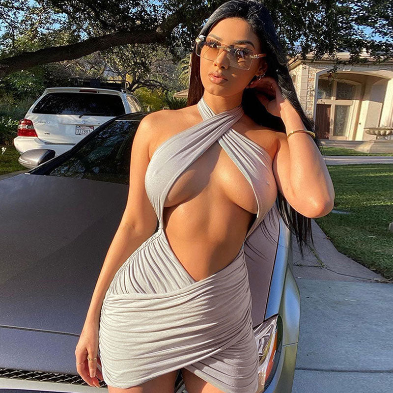 Cutout Front Cross Halter Neck Ruched Bodycon Mini Dress - Gray - Image 8