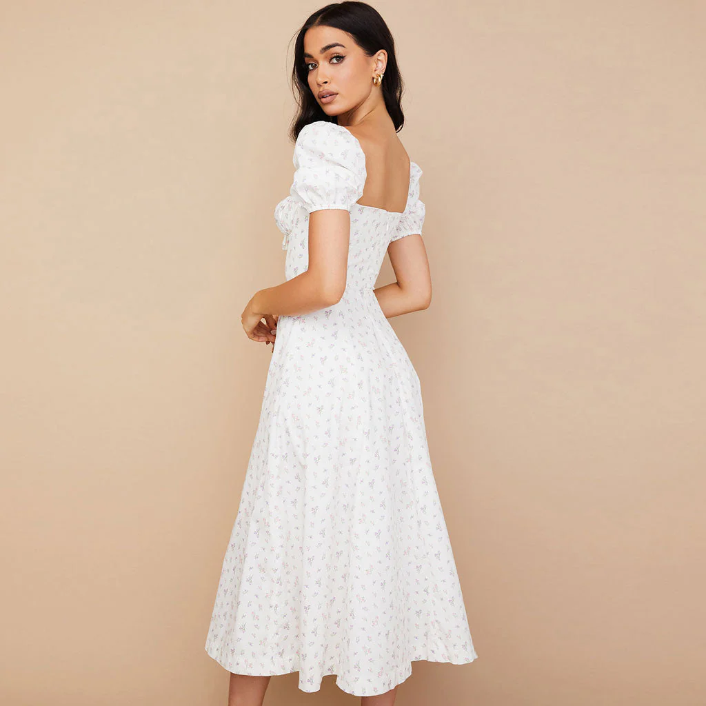 Daisy Printed Puff Sleeve High Slit Smock Maxi Sundress - White - Image 10