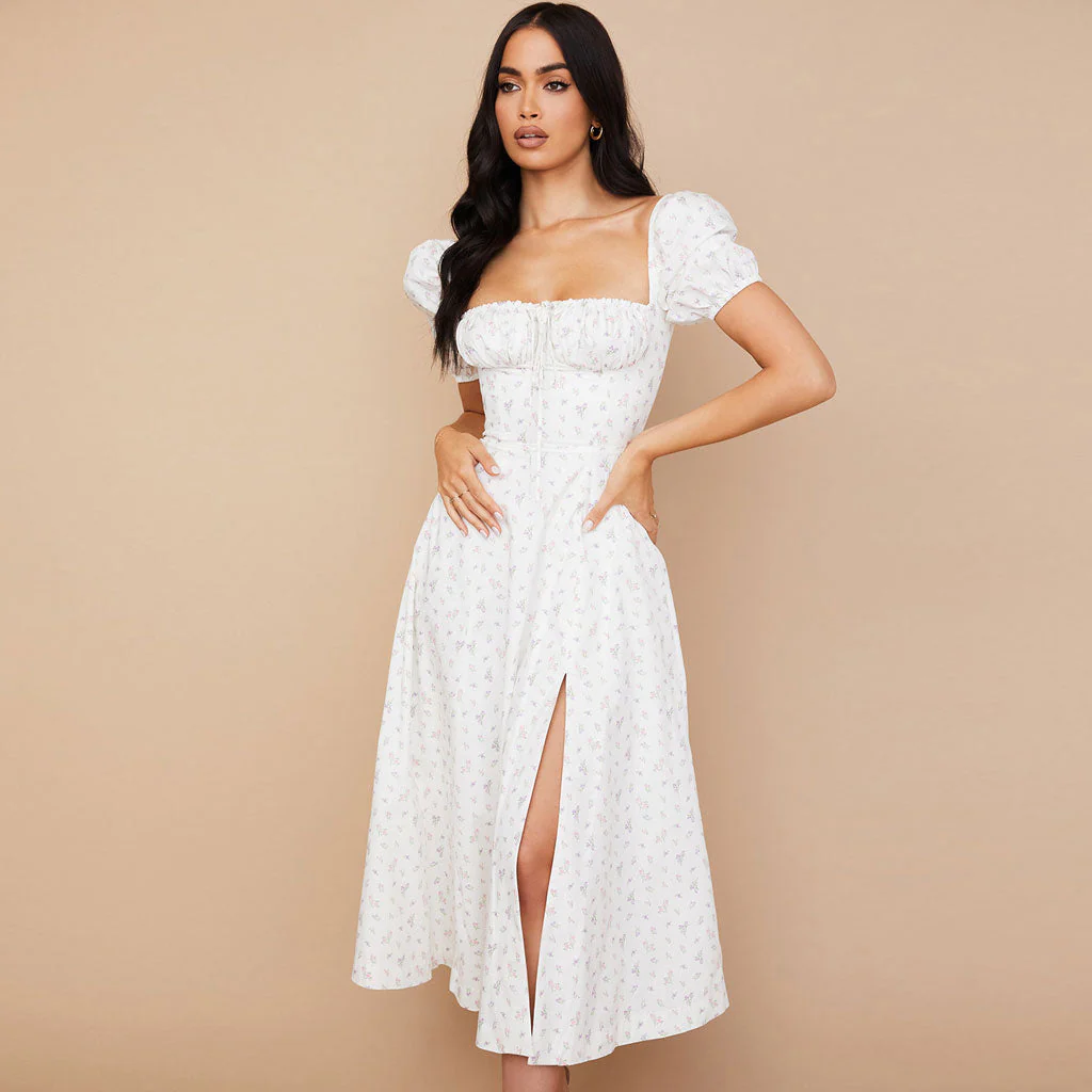 Daisy Printed Puff Sleeve High Slit Smock Maxi Sundress - White - Image 11