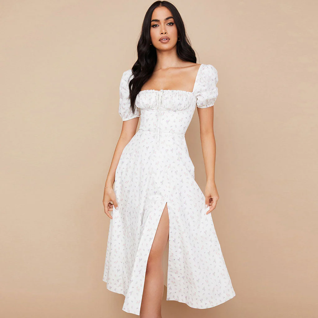 Daisy Printed Puff Sleeve High Slit Smock Maxi Sundress - White - Image 8