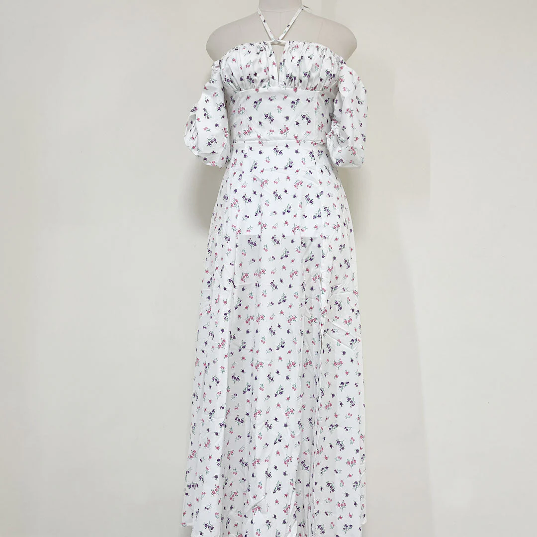 Daisy Printed Puff Sleeve High Slit Smock Maxi Sundress - White - Image 9