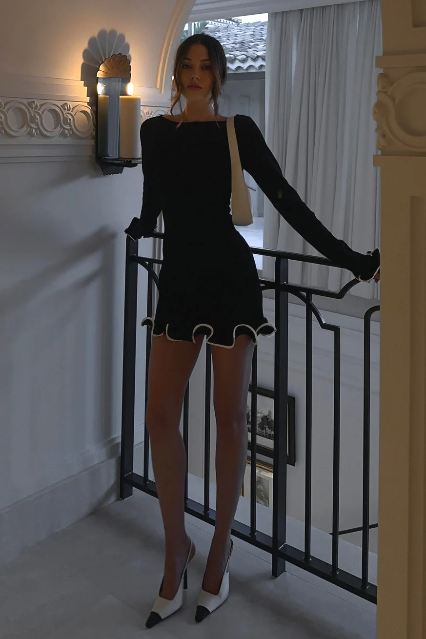 Sexy Fitted Ruffled Wave Edge Long Sleeve Mini Dress - Image 11