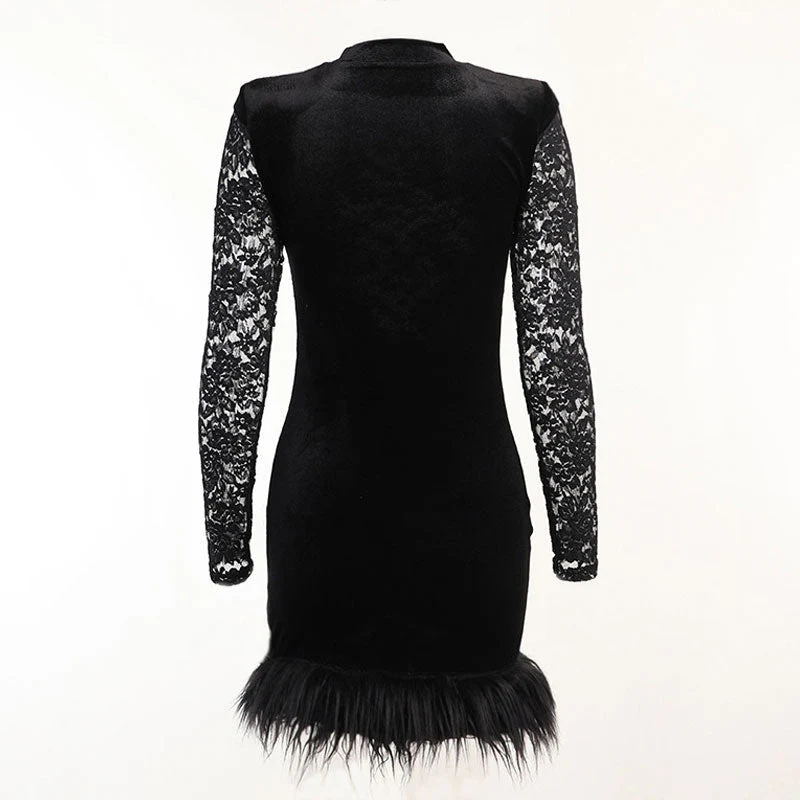 High Neck Long Sleeve Floral Lace Panel Trim Mini Dress - Black - Image 11