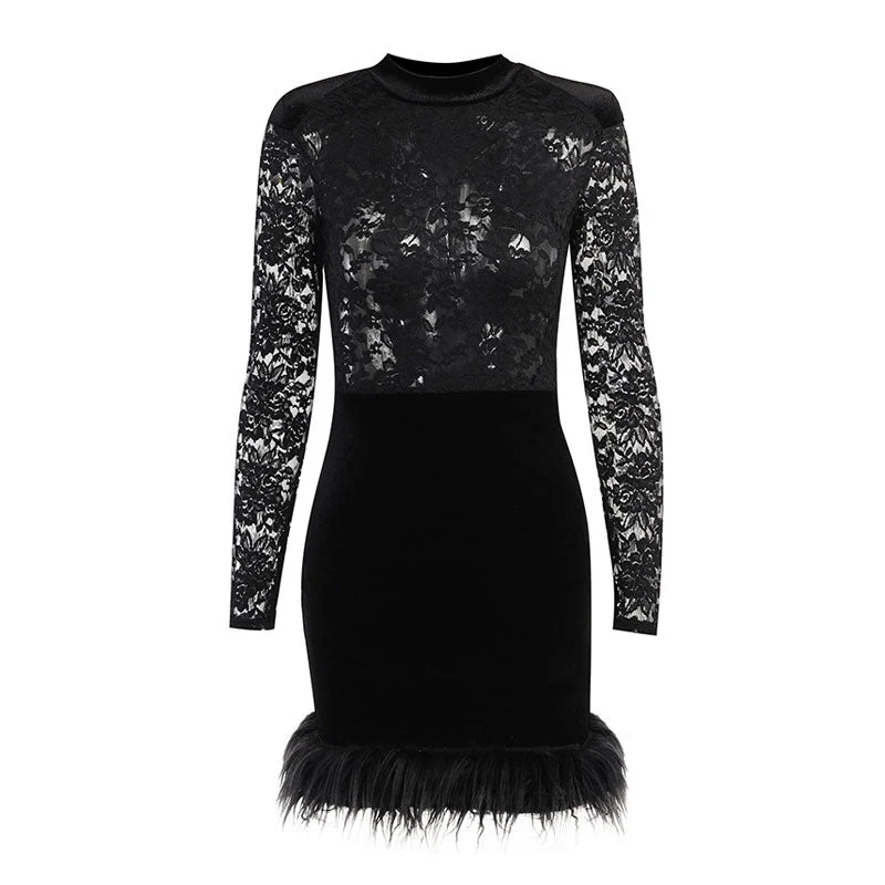 High Neck Long Sleeve Floral Lace Panel Trim Mini Dress - Black - Image 12