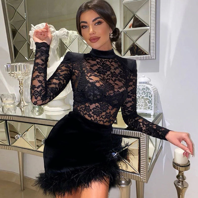 High Neck Long Sleeve Floral Lace Panel Trim Mini Dress - Black - Image 15
