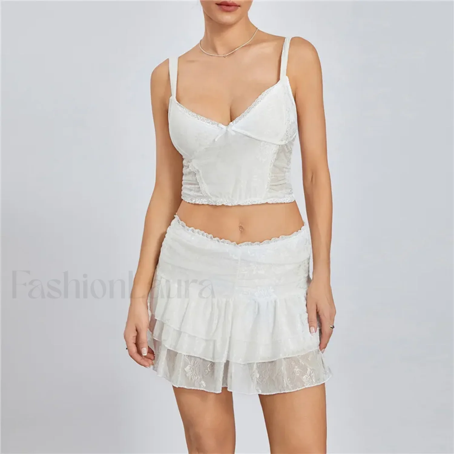 Sexy Lace Trim Sleeveless Crop Cami Mini Skirt Two Piece Set - Image 2