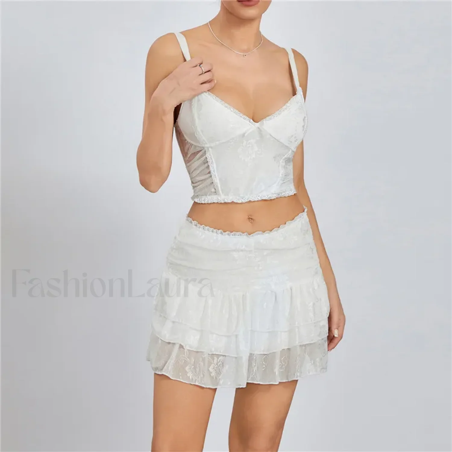 Sexy Lace Trim Sleeveless Crop Cami Mini Skirt Two Piece Set - Image 3
