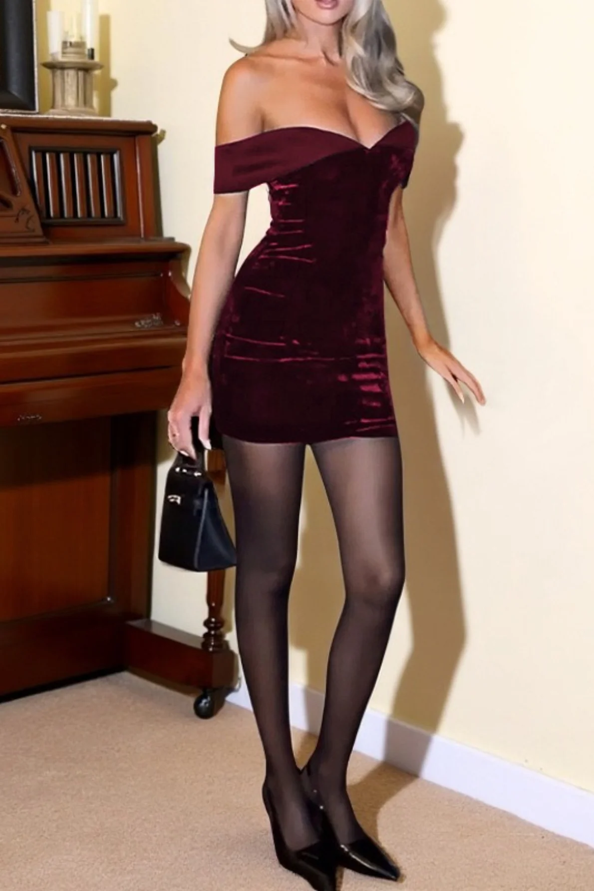 Sexy Off Shoulder Backless Velvet Bodycon Mini Dress - Image 4