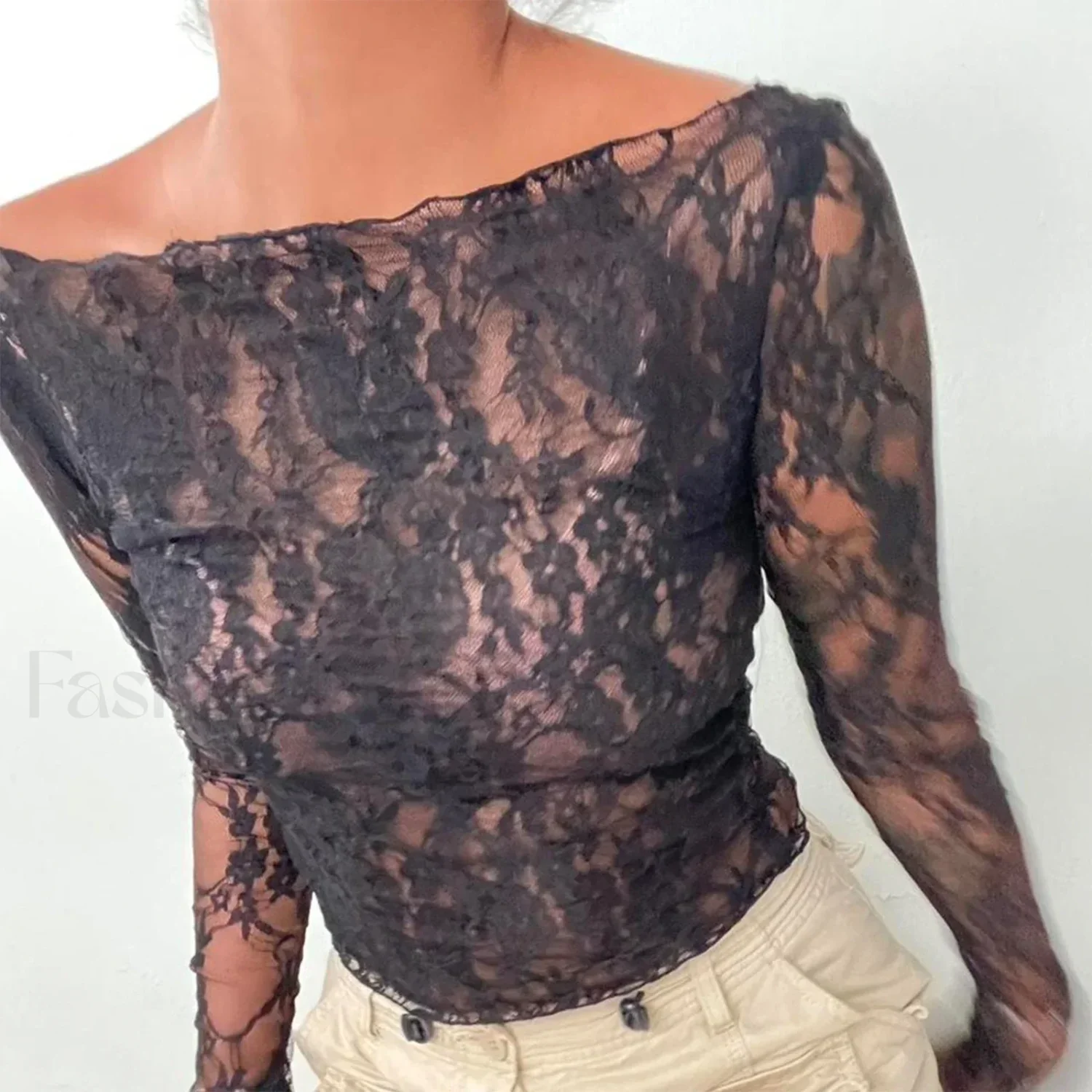 Sexy Off-Shoulder See-Through Lace Long Sleeve Crop Top - Image 11