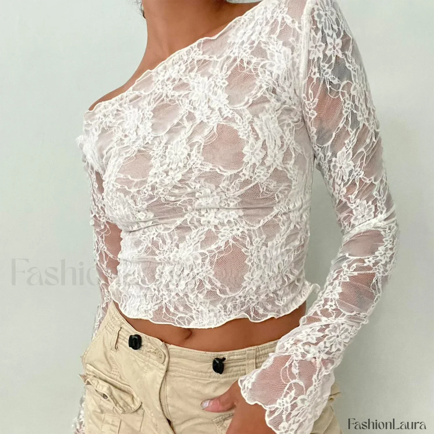 Sexy Off-Shoulder See-Through Lace Long Sleeve Crop Top - Image 14