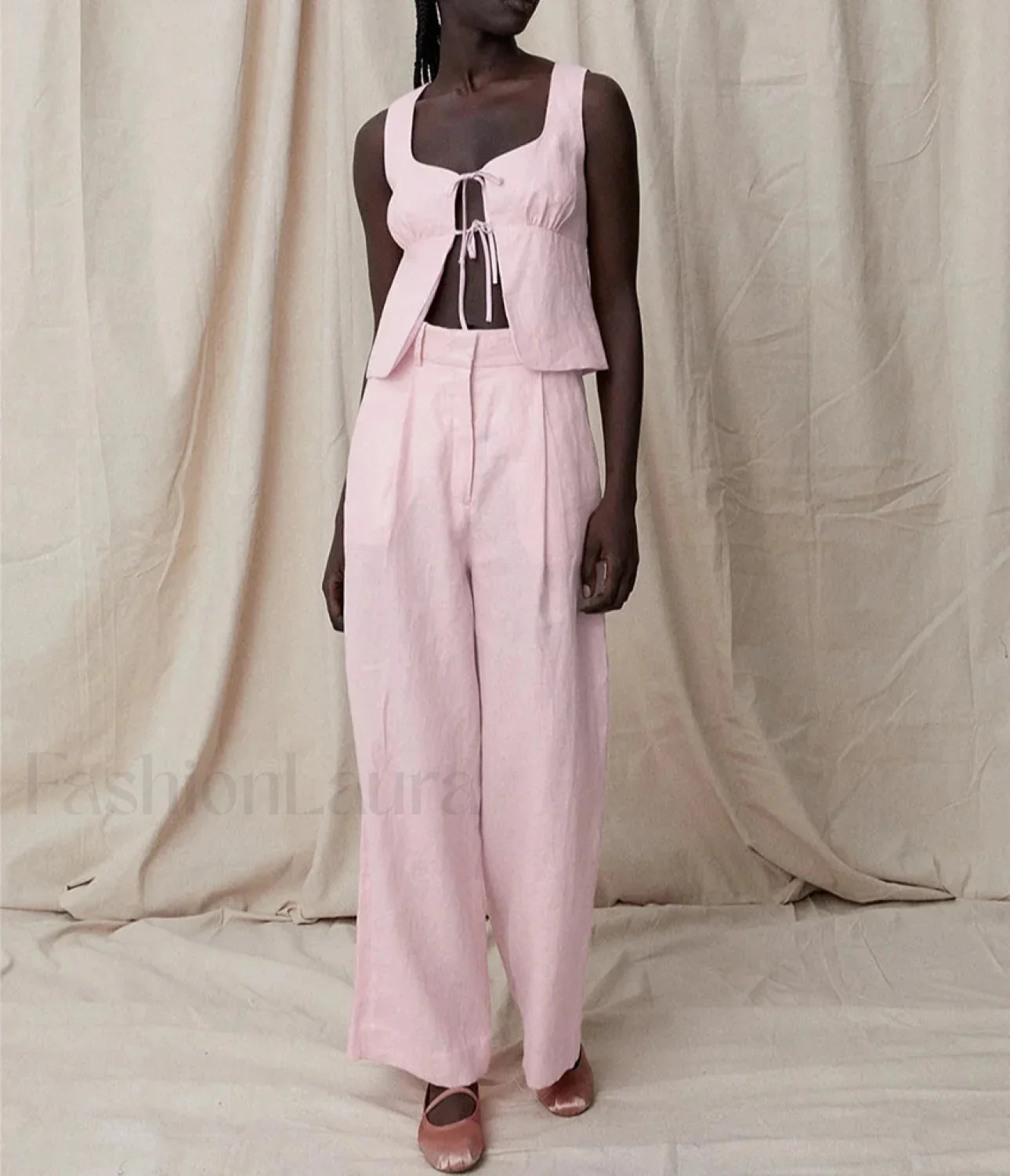 Sexy Pink Cotton Tank Wide Two Piece Set - Image 4
