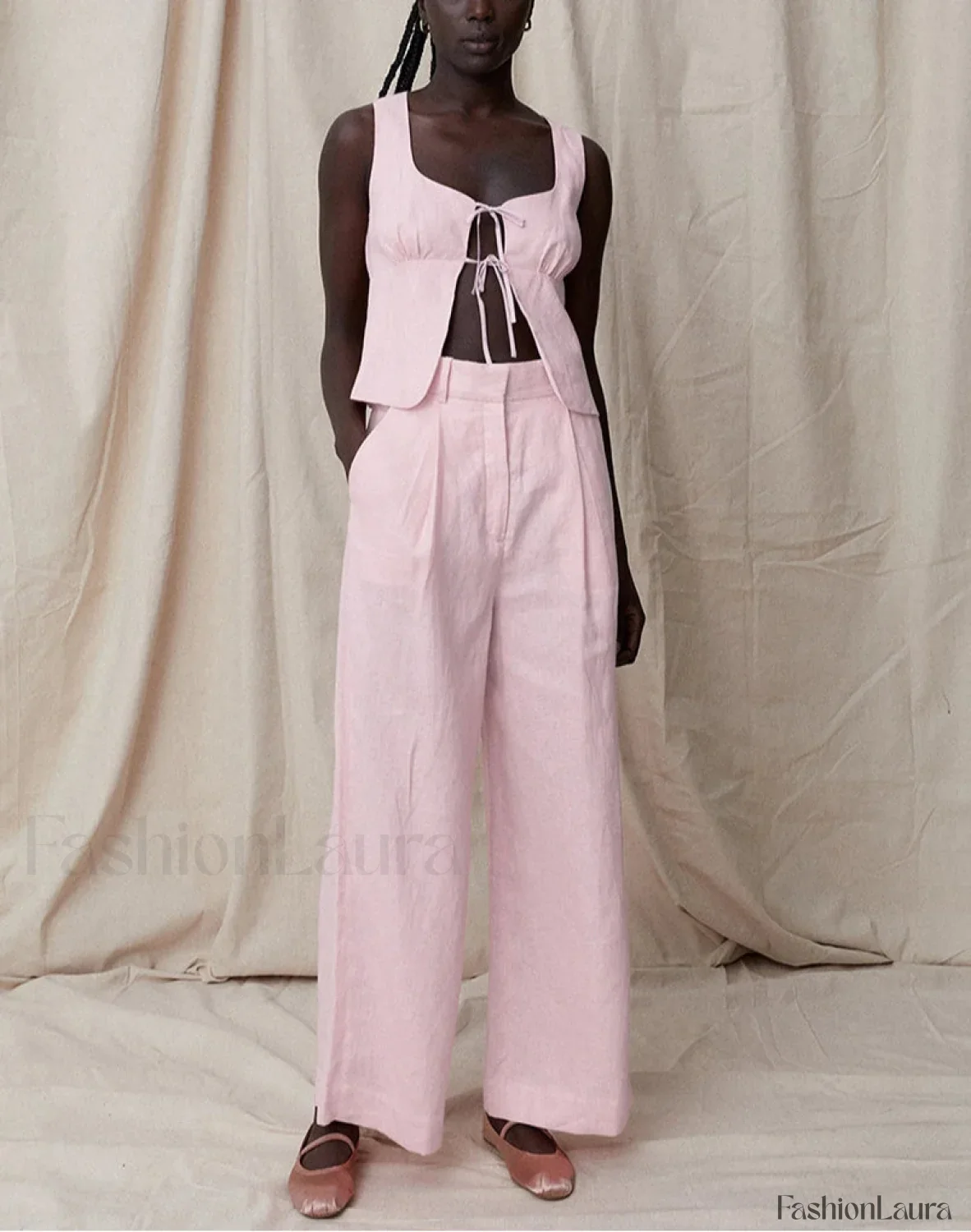 Sexy Pink Cotton Tank Wide Two Piece Set - Image 5
