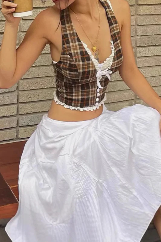 Sexy Plaid Lace Trim Halter Halter Top - Image 3