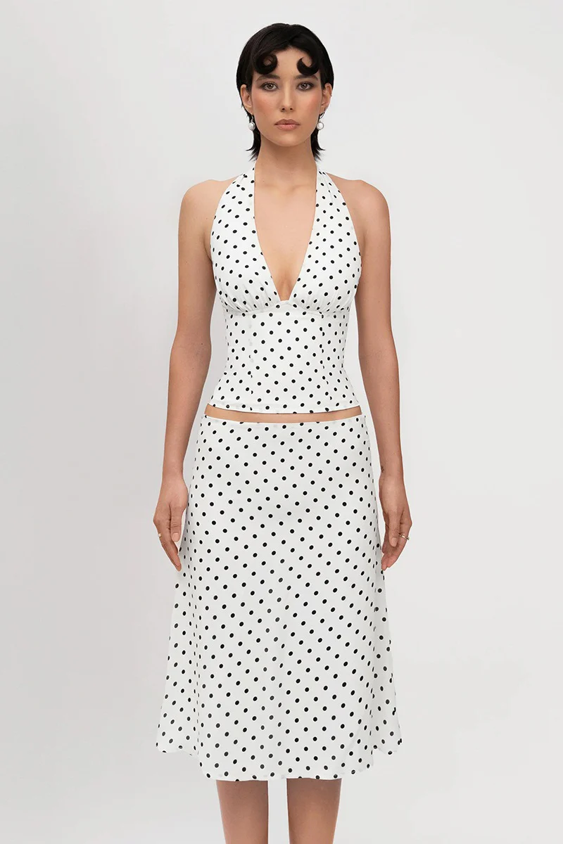 Sexy Polka Dot Halter Tie Top Low Rise Skirt Set - Image 2
