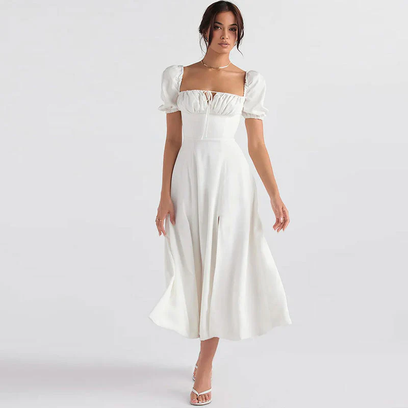 Puff Sleeve Tie Front High Split Off Shoulder Midi Sundress - White - Image 6