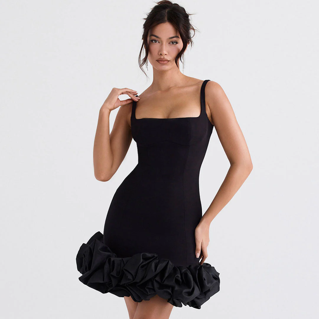 Ruffle Hem Square Neck Sleeveless Bodycon Party Mini Dress - Black - Image 6